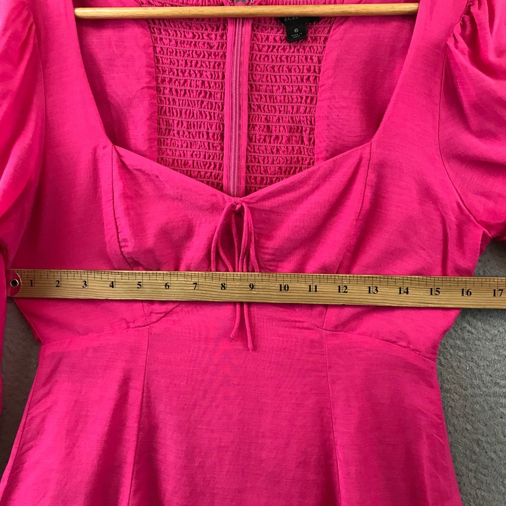 J. Crew Hot Pink Square Neck Smocked Bodice Tie Front Puff Sleeve Mini‎ Dress 6 - Picture 5 of 10